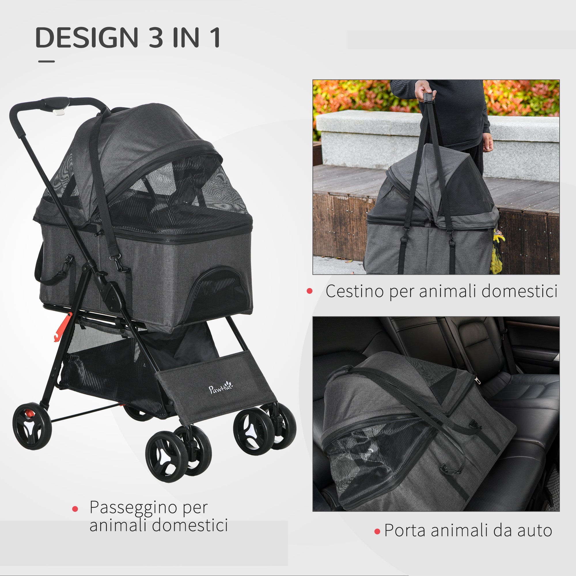 PawHut 3 in 1 Dog Stroller Convertible into Bag and Carrier with Leash and Cushion, Gray - Borgè