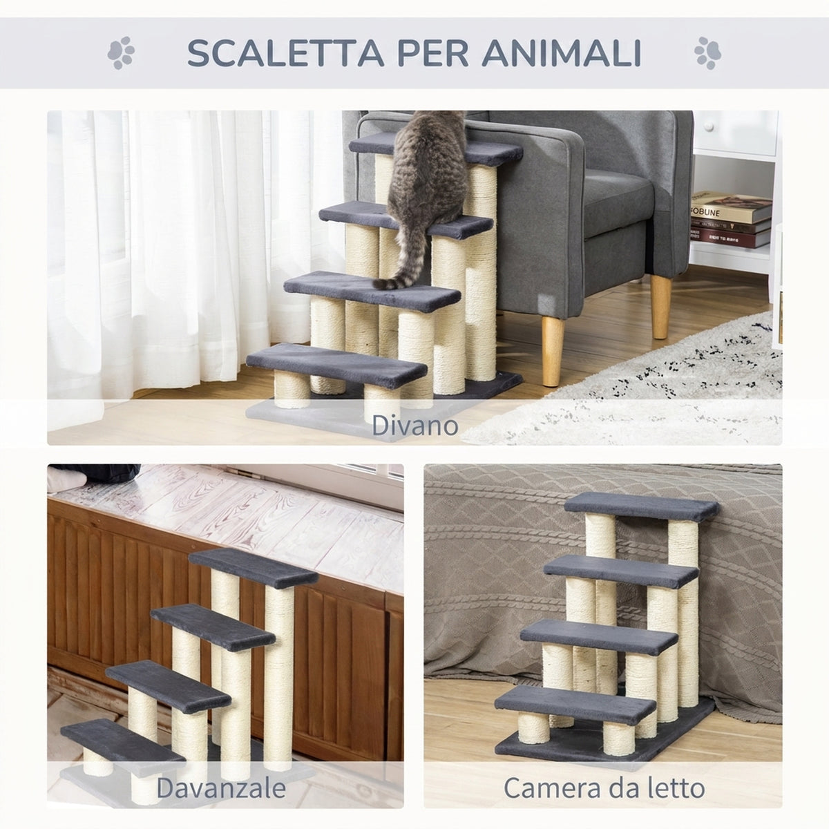 PawHut 4-Step Plush Dog and Cat Ladder with Sisal Scratching Posts, Grey