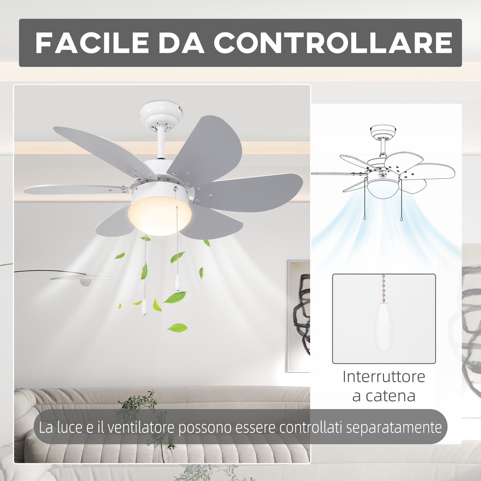 Ceiling Fan with LED Light and Chain Switch, in MDF and Acrylic, Ø76x41.5 cm, Gray and White - Borgè