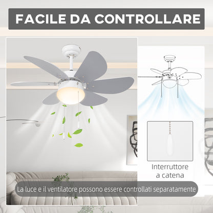 Ceiling Fan with LED Light and Chain Switch, in MDF and Acrylic, Ø76x41.5 cm, Gray and White - Borgè