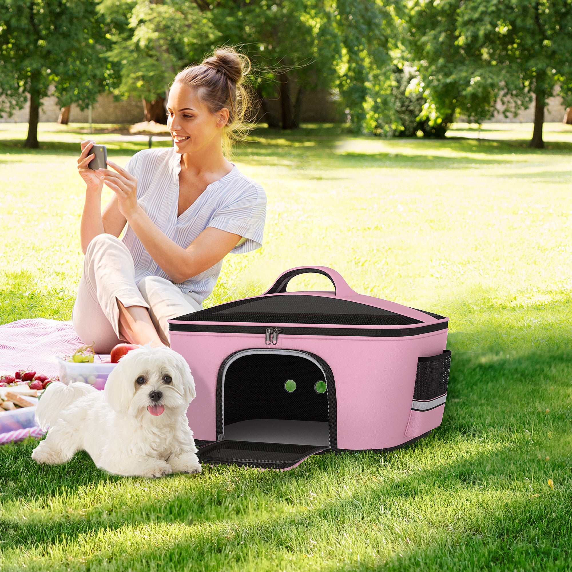 Pet Carrier Bag for Dogs and Cats with 2 Zippered Doors, 50x35x36cm, Pink