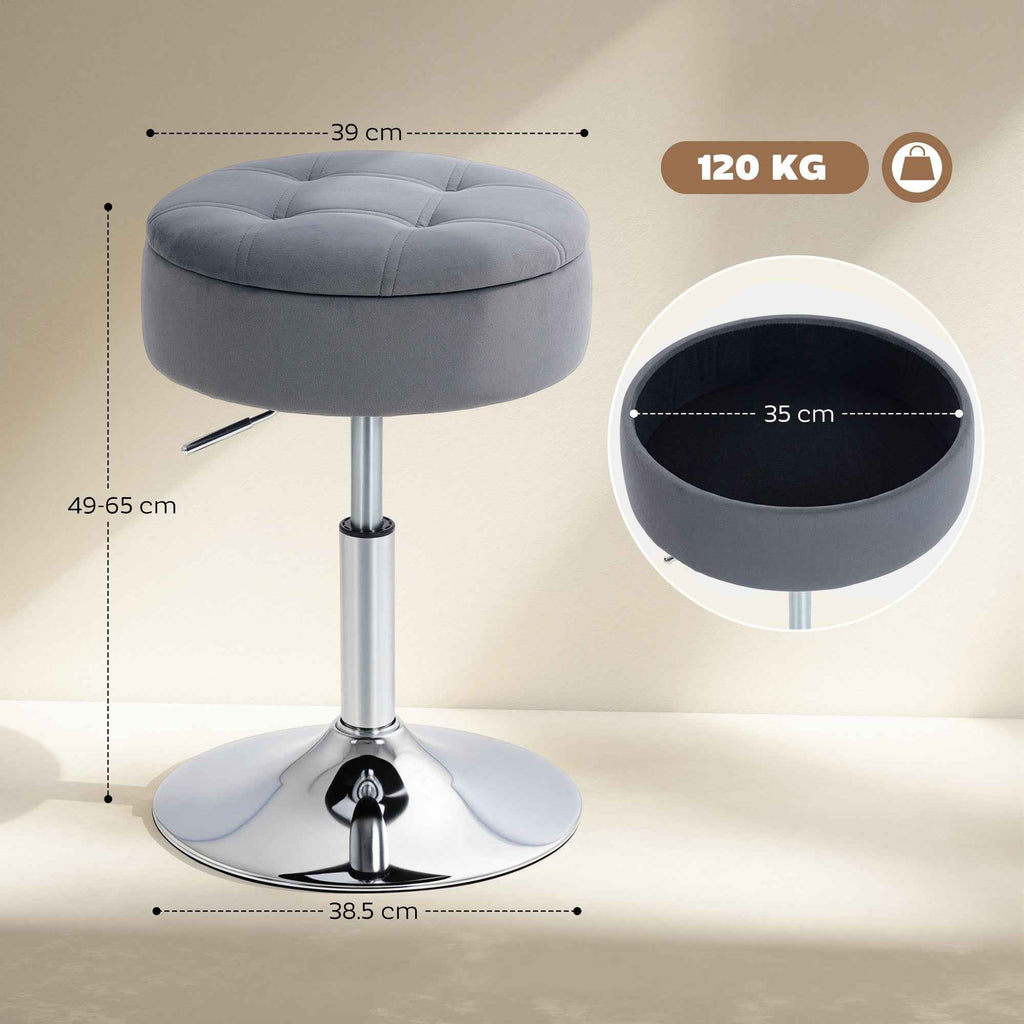 HOMCOM Height-Adjustable Bar Stool with Storage Compartment, Padded Swivel Seat without Backrest, Grey