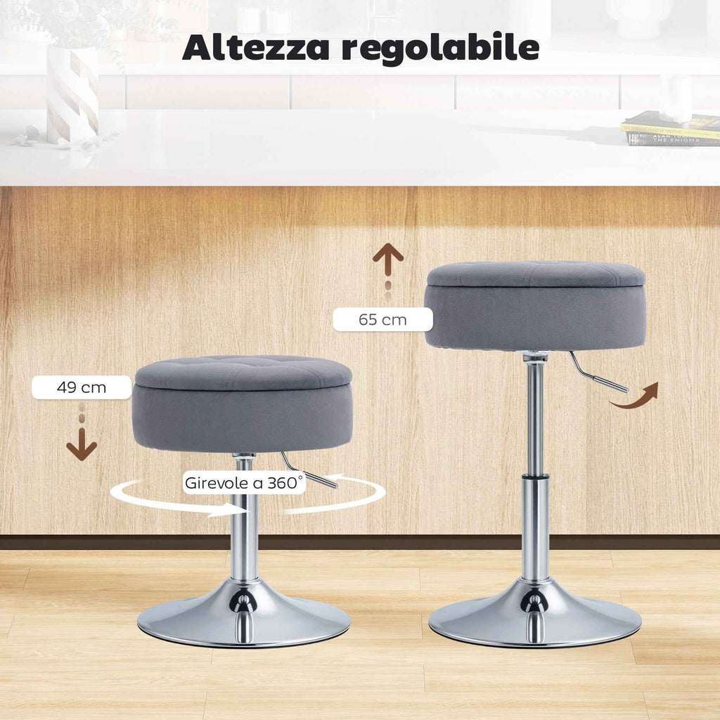 HOMCOM Height-Adjustable Bar Stool with Storage Compartment, Padded Swivel Seat without Backrest, Grey