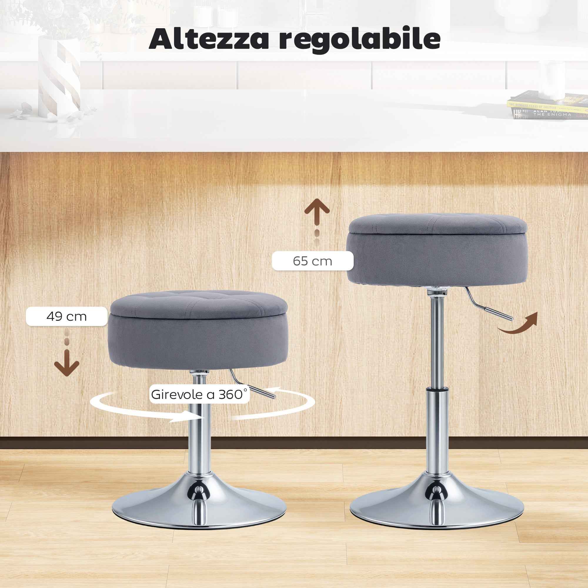 HOMCOM Height-Adjustable Bar Stool with Storage Compartment, Padded Swivel Seat without Backrest, Grey