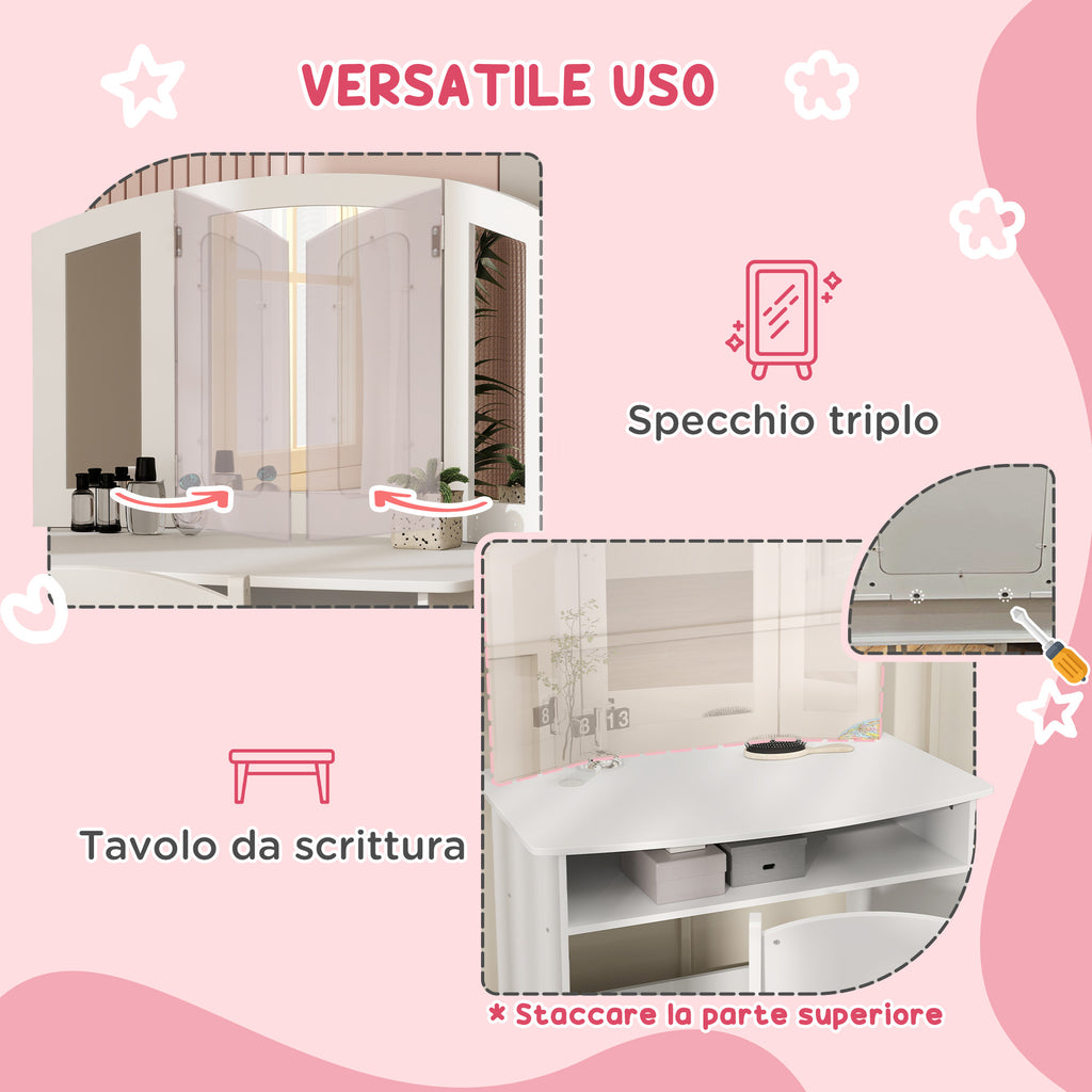 Kids Makeup Set with Removable Triple Mirror Dressing Table and White Wooden Chair