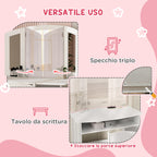Kids Makeup Set with Removable Triple Mirror Dressing Table and White Wooden Chair