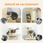 PawHut Cat Tower with House, Perch, Platforms and 4 Hanging Mice, 60x35x134 cm, Beige