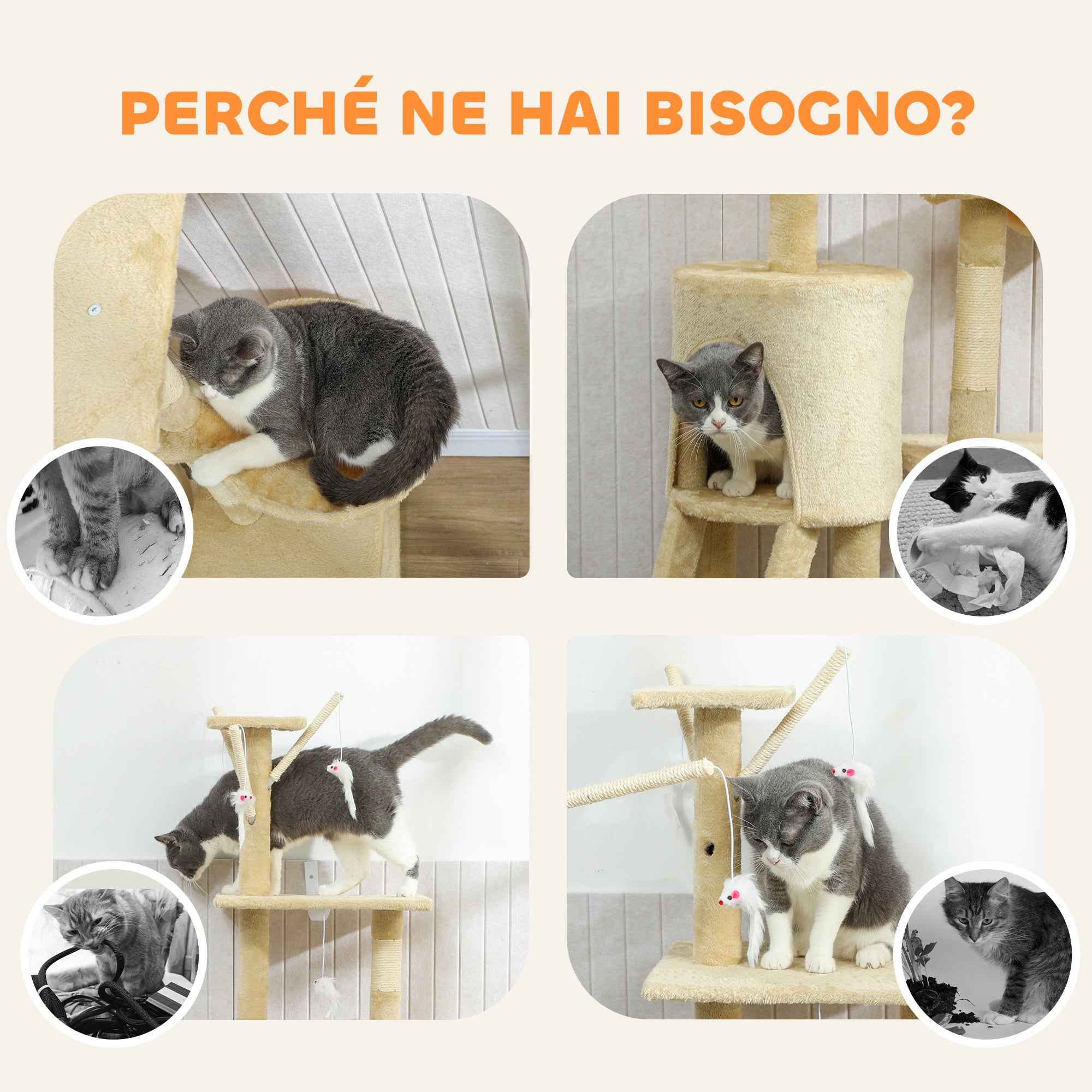 PawHut Cat Tower with House, Perch, Platforms and 4 Hanging Mice, 60x35x134 cm, Beige