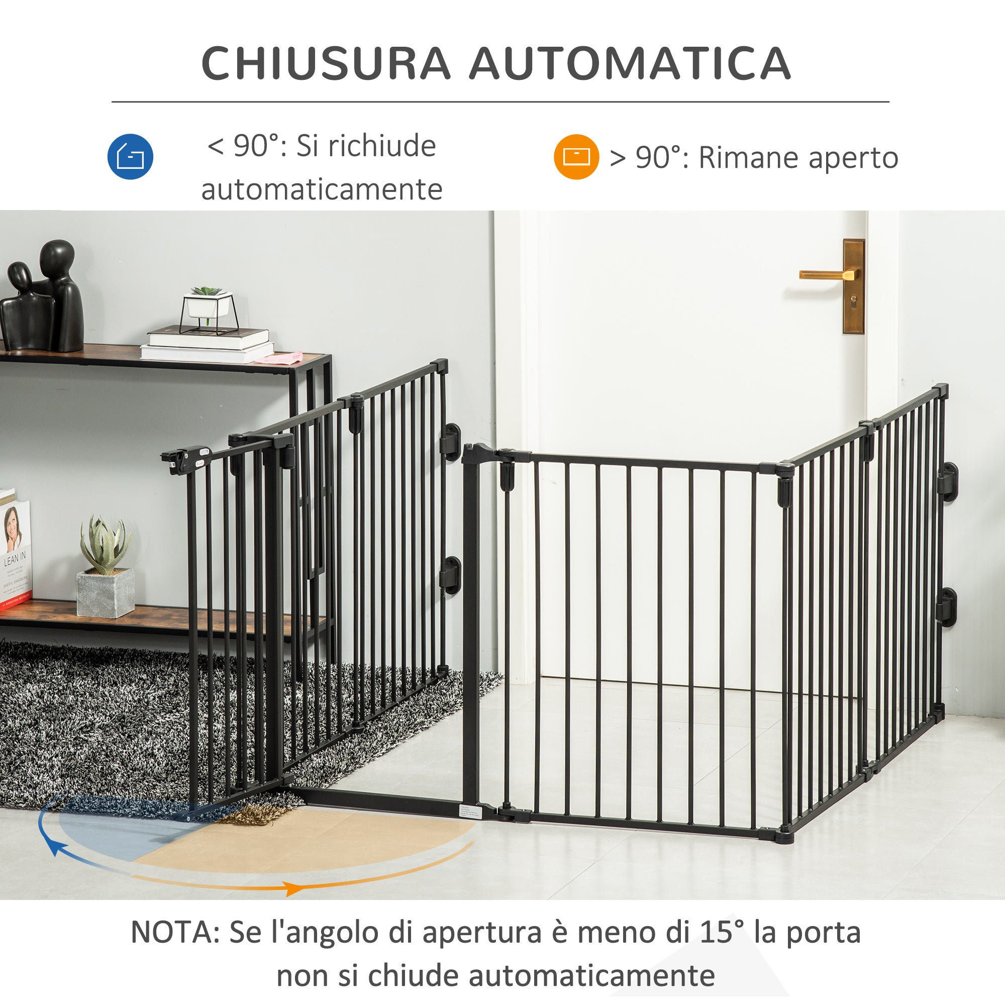 Folding Safety Gate 6 Sections, Steel Dog Barrier Gate, Automatic Locking and Closing System, Black - Borgè
