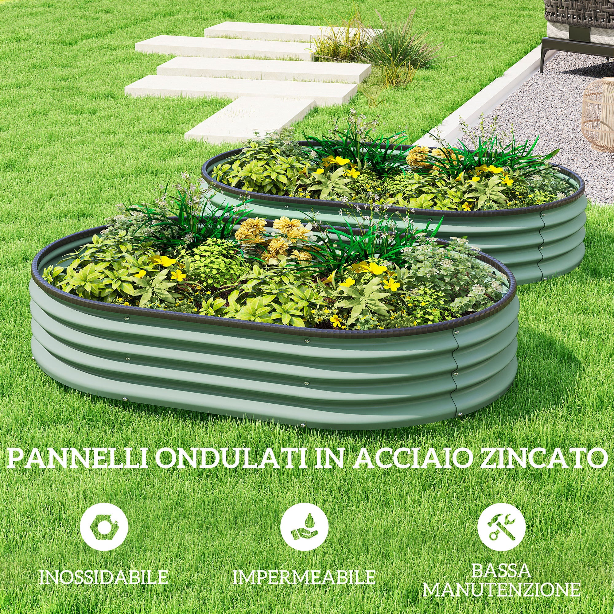Outsunny Set of 2 Raised Garden Beds in Galvanized Metal with Rubber Edge and Modular Design, 135x90x30 cm Green