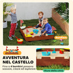 Sandpit for Children 3-7 Years in the Shape of a Castle with 4 Seats in Fir Wood, 90x90x17 cm, Multicolor