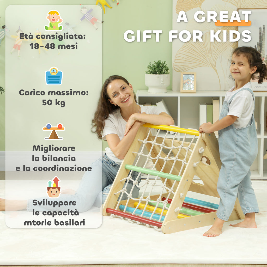 Montessori 5-in-1 Triangle Climbing Game for Children with Rope, Slide and Bags, Wooden, 119x63x61 cm