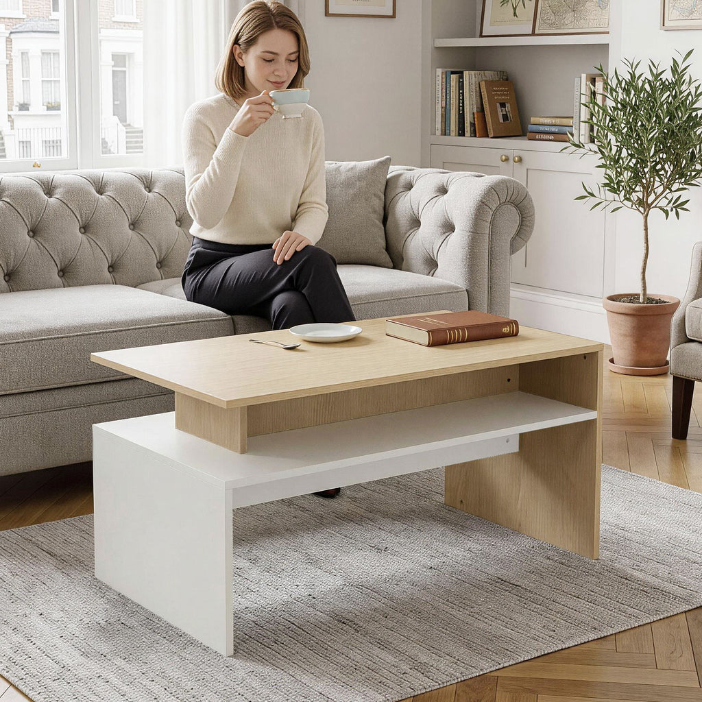 HOMCOM Two-Tone Coffee Table with Asymmetrical Shelf, 95x55x50 cm, Natural Wood and White