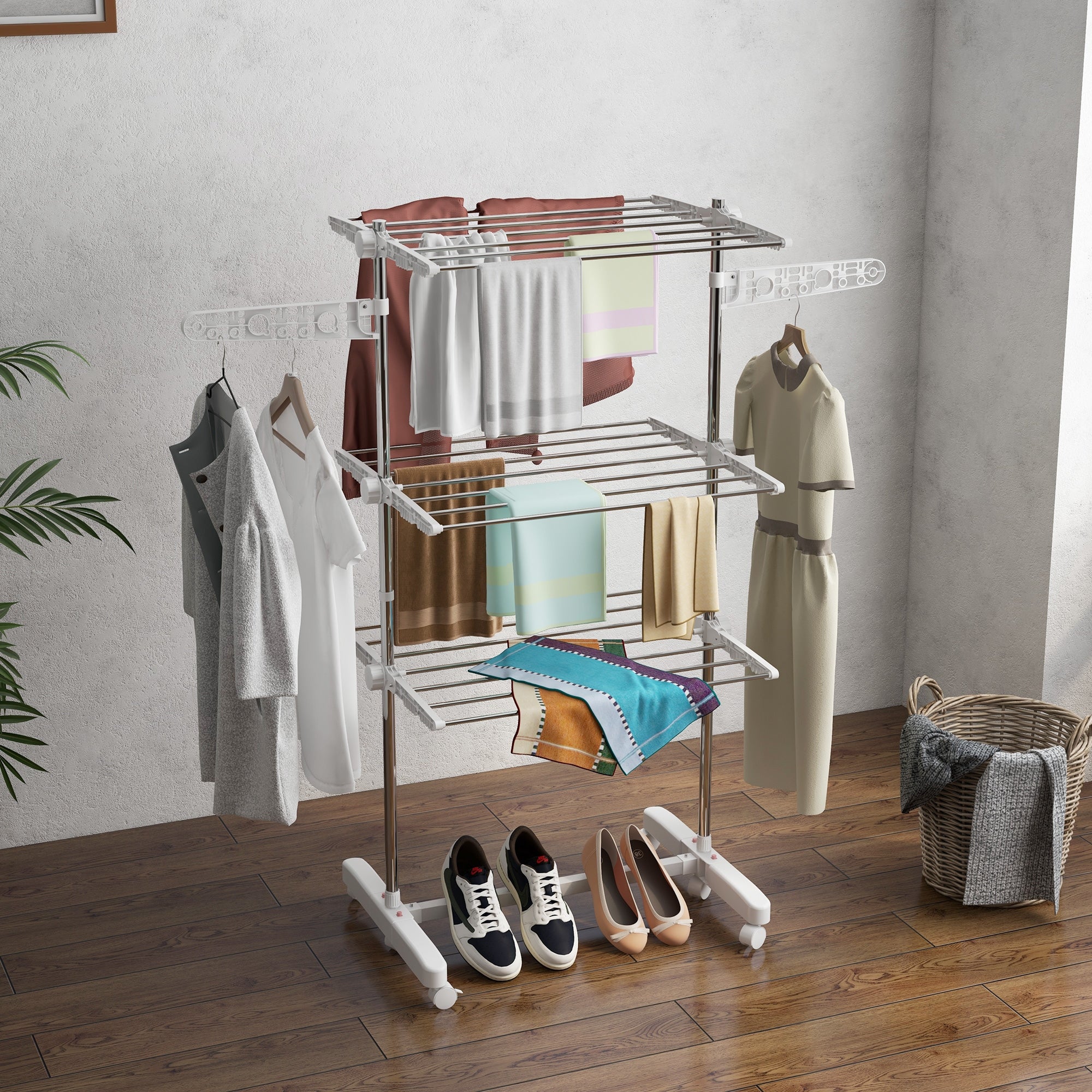 Folding Vertical Clothes Drying Rack in Steel and Plastic with 6 Wheels and 3 Adjustable Shelves, 142x55x172 cm