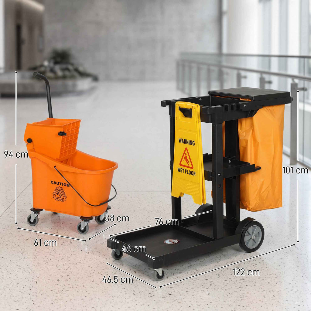 HOMCOM Cleaning Trolley: Wheels, 3 Shelves, 70L Bag, Bucket with Wringer.