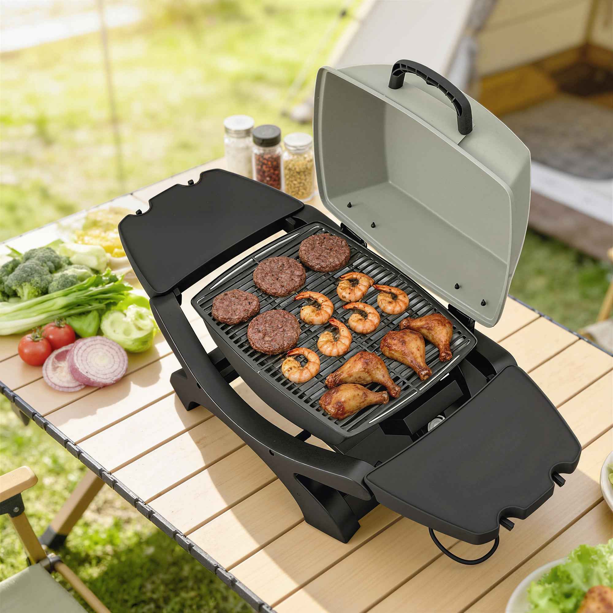 Outsunny 2300W Portable Tabletop Electric Barbecue with Side Shelves, Black.