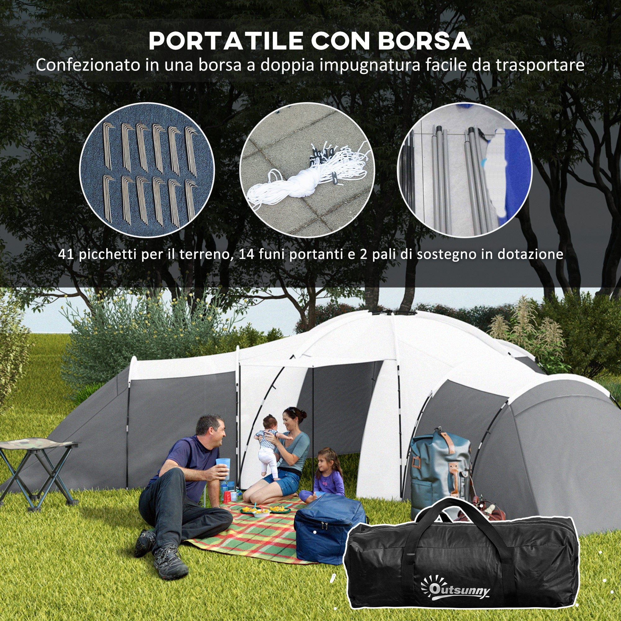 6-Person Waterproof Camping Tent with 3 Sleeping Areas, Living Area and Porch, Oxford Fabric, Grey