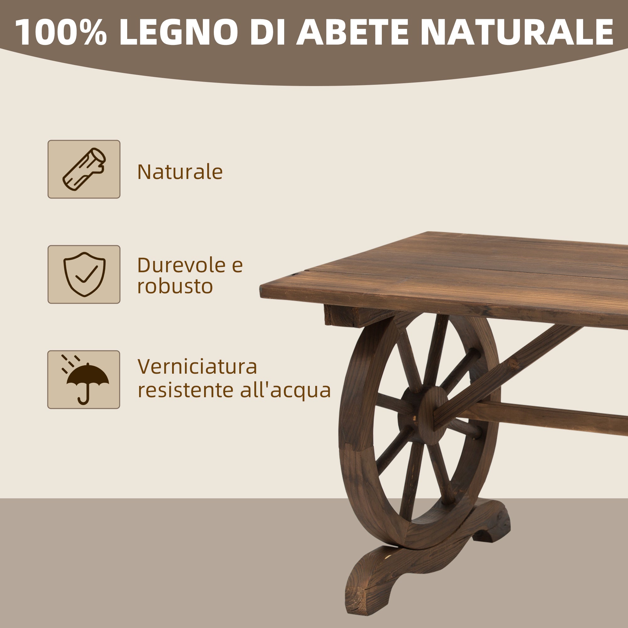 Country Style Garden Table with Wheel Legs, Weatherproof Fir Wood, 110x60x65 cm