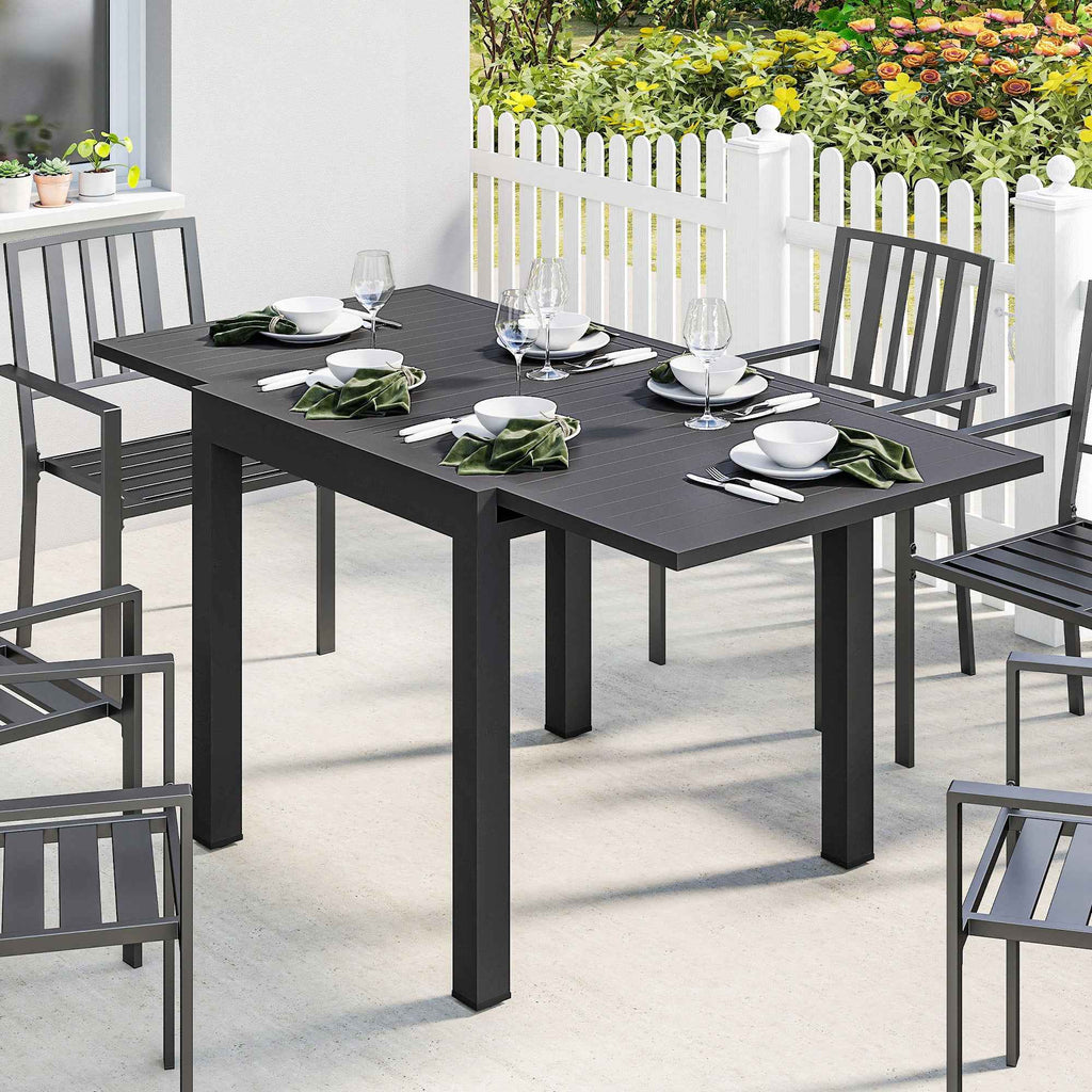 Outsunny Extendable Slatted Garden Table for 4-6 People, Aluminum, 80-160x80x75 cm, Black