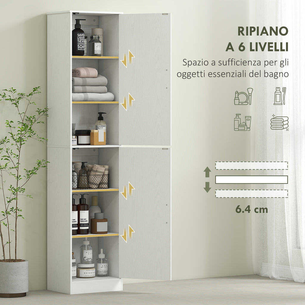 Bathroom Cabinet Column with 2 Cabinets and 6 Adjustable Shelves, in Wood, 40x35x180 cm, White