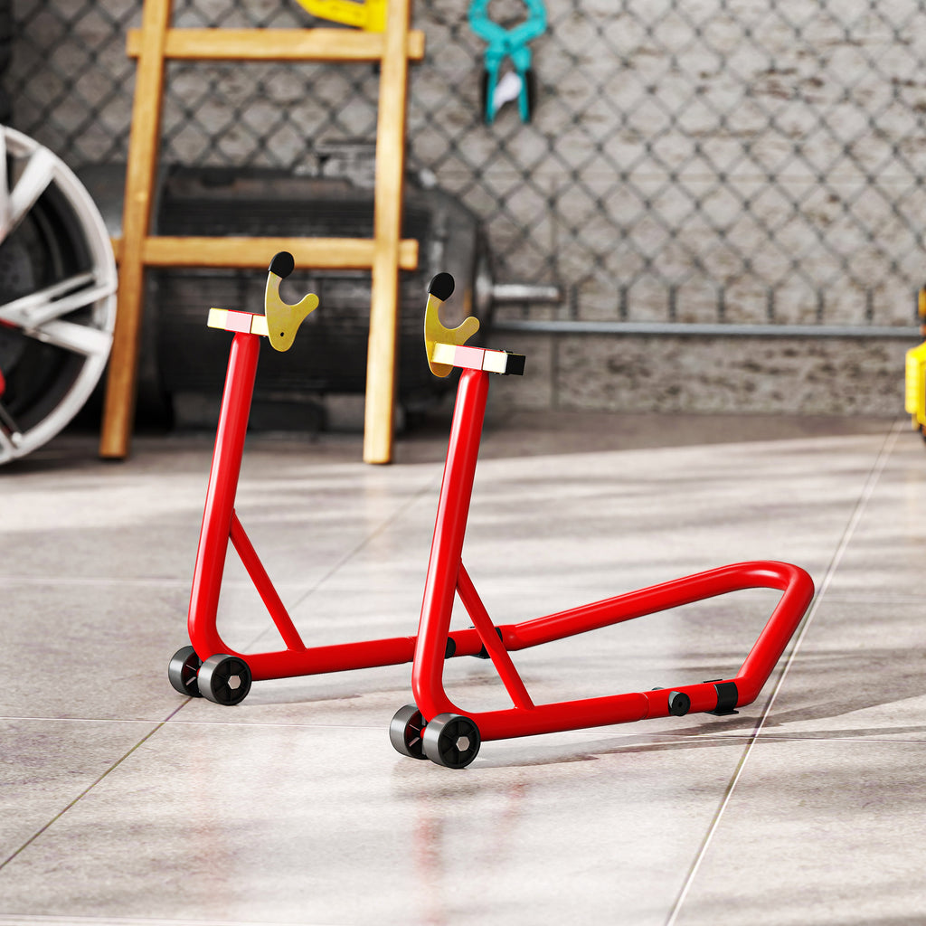 Motorcycle Stand with 544kg Capacity, Adjustable U- and L-Forks, Non-Slip Wheels and Pads, Red