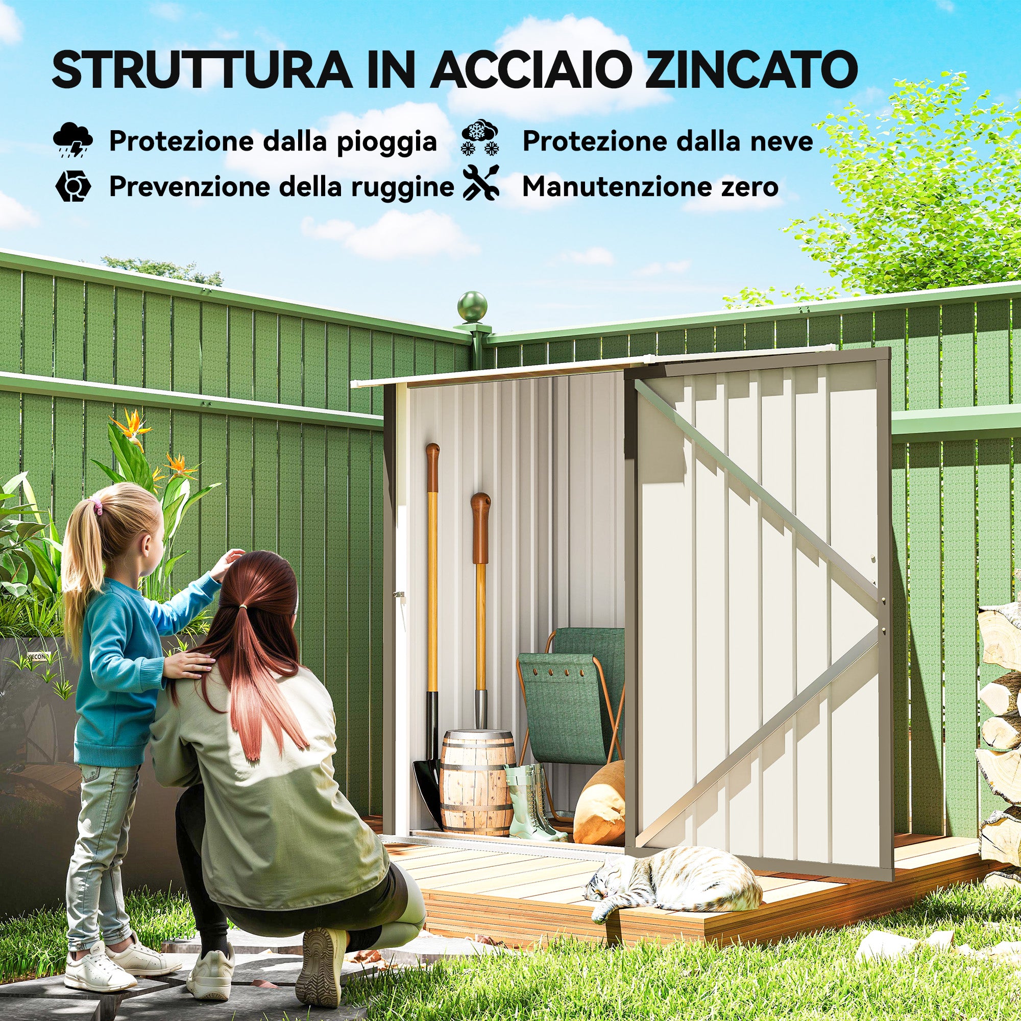 Outsunny Galvanized Steel Garden Shed with Door, 100x104x160 cm, Brown and White