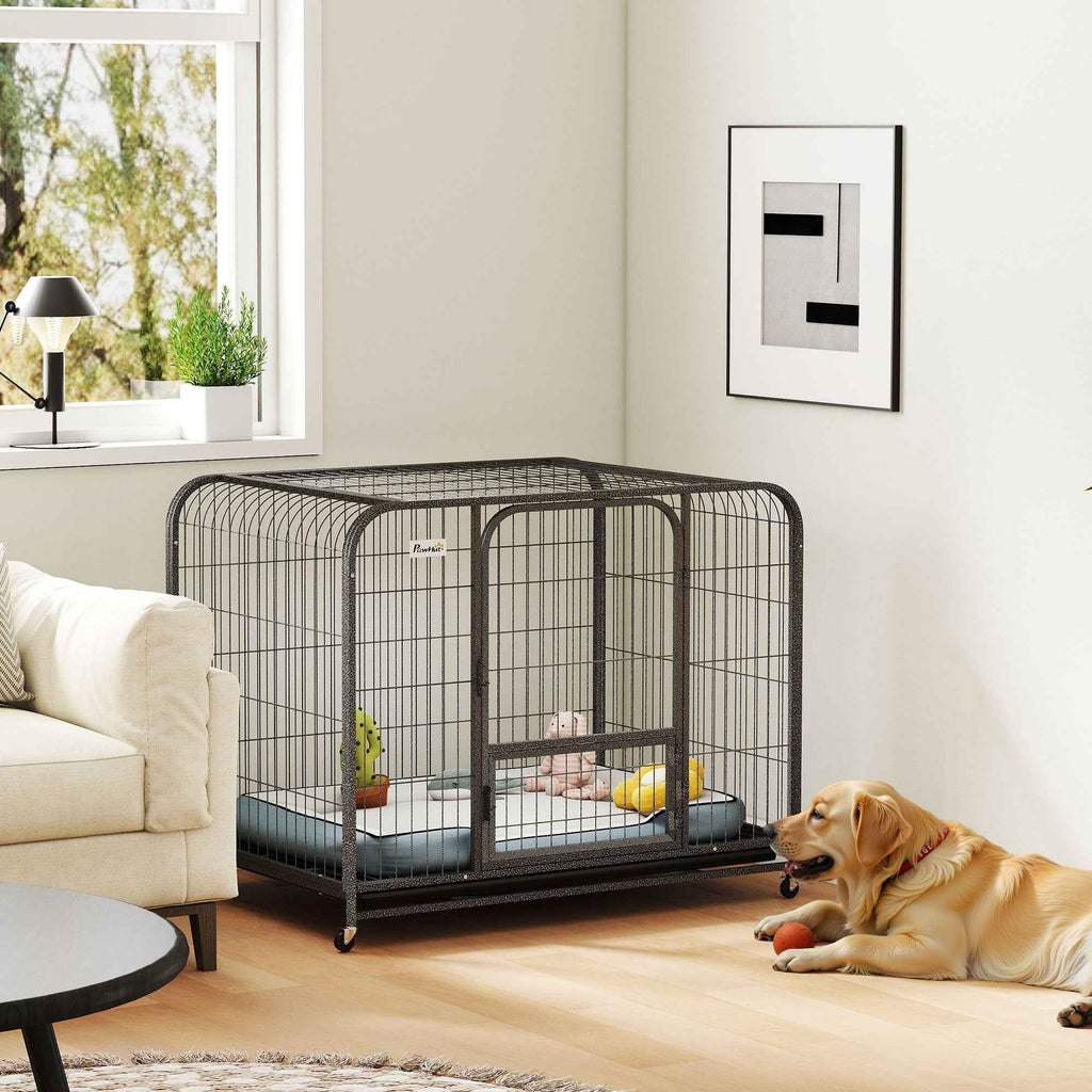 PawHut Steel Dog Cage with Wheels, 3 Doors, Removable Tray and Secure Lock, Black