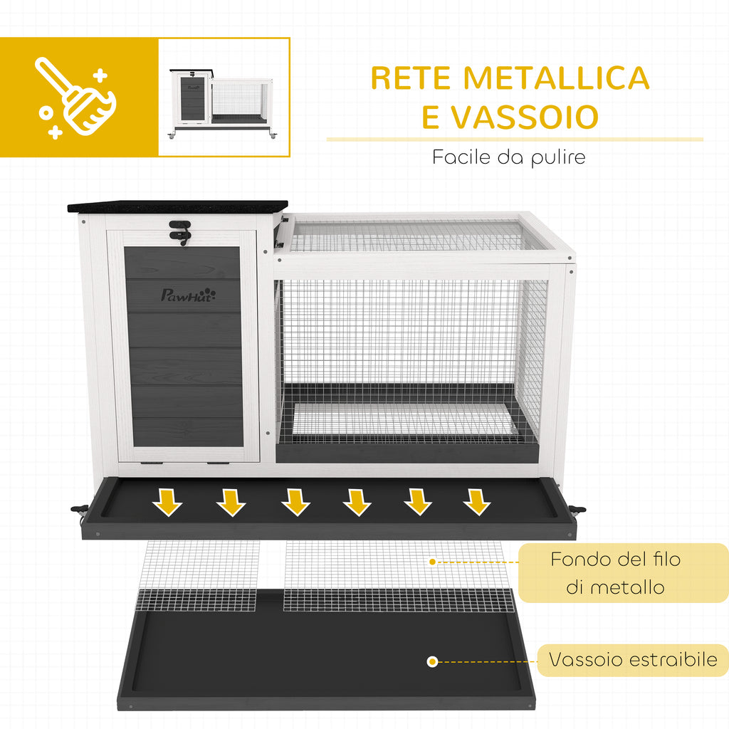 Outdoor Rabbit Hutch on Wheels with Removable Tray, in Fir Wood and Steel, 91x51x66 cm, Multicolor