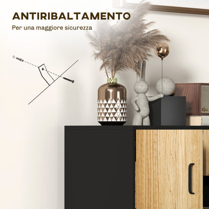 Modern Sideboard with 3 Cabinets and 2 Drawers, in Chipboard and Steel, 80x35x88 cm, Black and Wood Color