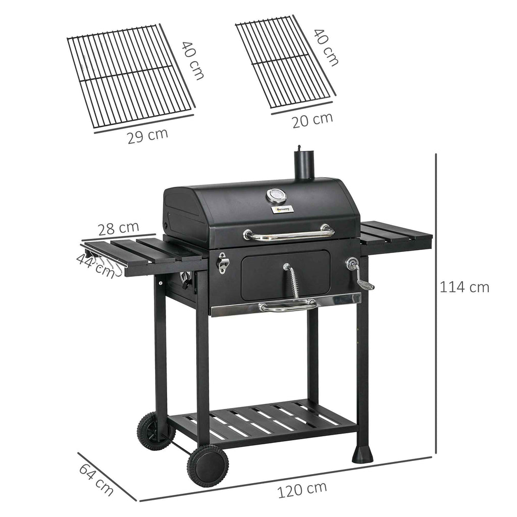Outsunny Charcoal Barbecue with Lid, Thermometer, Adjustable Grill, Wheels and Side Tables, Black