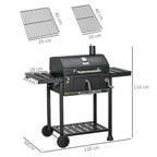 Outsunny Charcoal Barbecue with Lid, Thermometer, Adjustable Grill, Wheels and Side Tables, Black