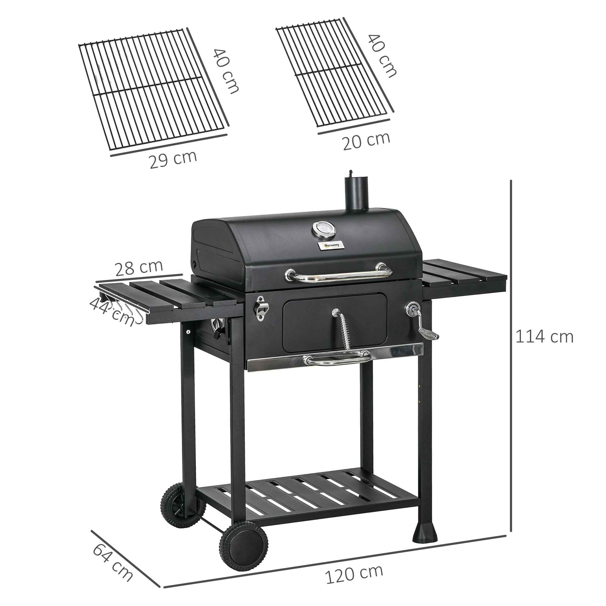 Outsunny Charcoal Barbecue with Lid, Thermometer, Adjustable Grill, Wheels and Side Tables, Black