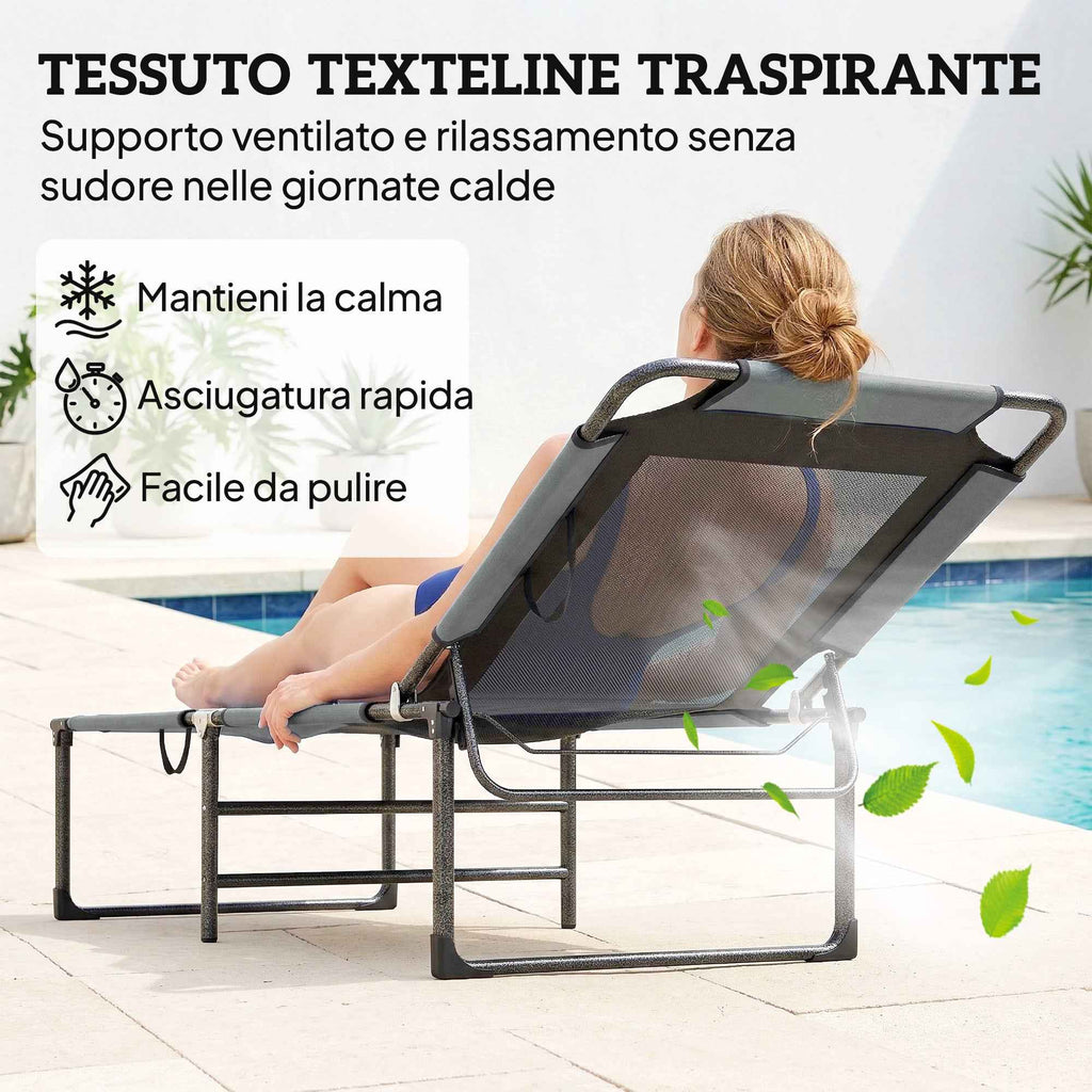Outsunny 4-Position Reclining Outdoor Lounger, Folding Chair with Handle, Grey.