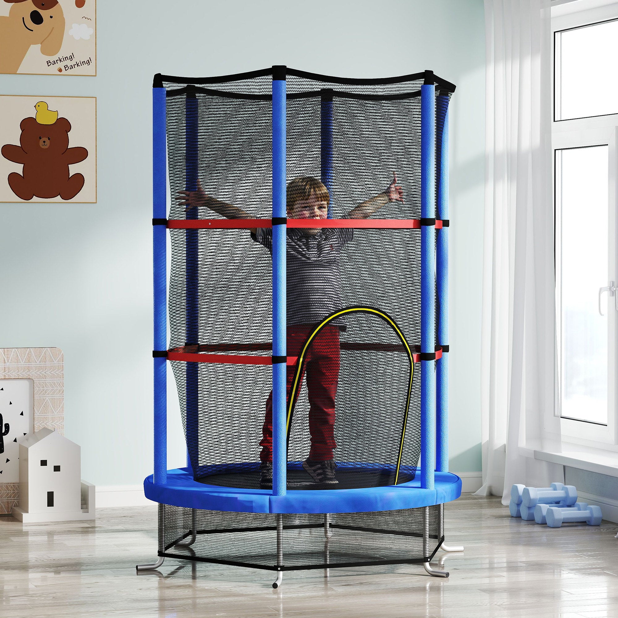 Trampoline for Children 3-6 Years with Safety Net, 6 Columns and 3 Entrances, Ø140x190 cm, Blue and Black