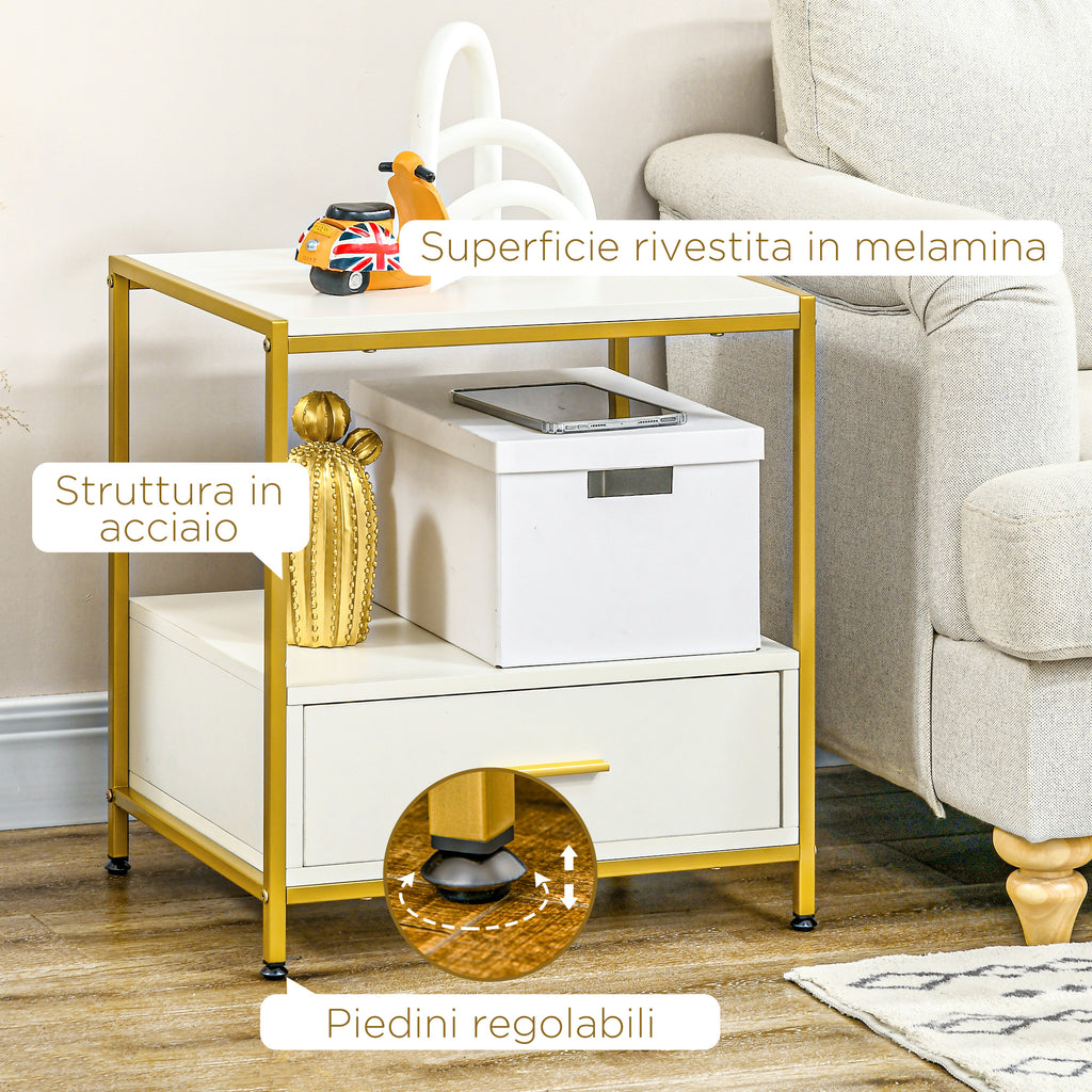 Set of 2 Modern Nightstands with Drawer and Open Shelf, 50x40x55cm, White and Gold