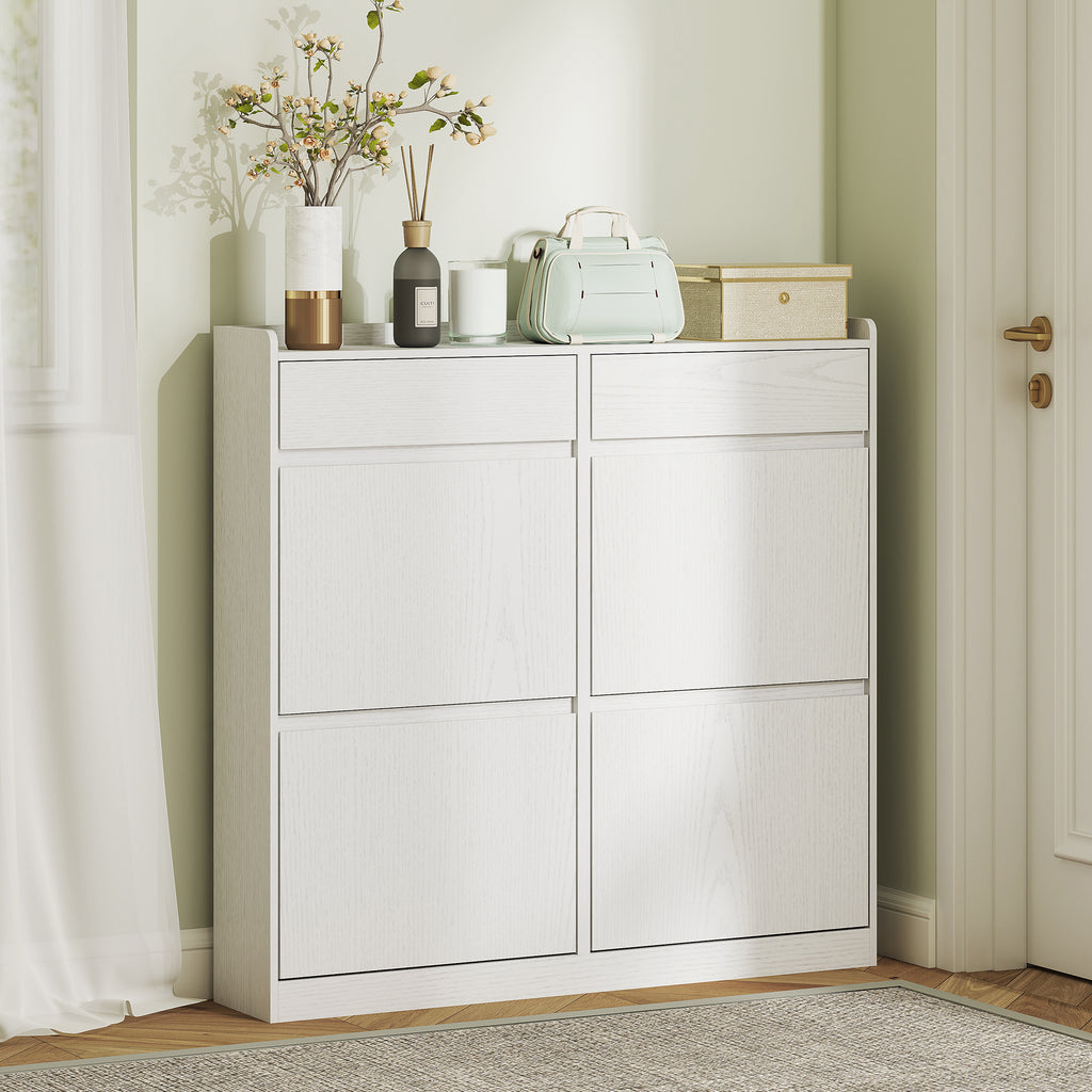 Slim Wooden Shoe Rack with 4 Flap Drawers and 2 Sliding Drawers, 98x19.2x95.3 cm, White