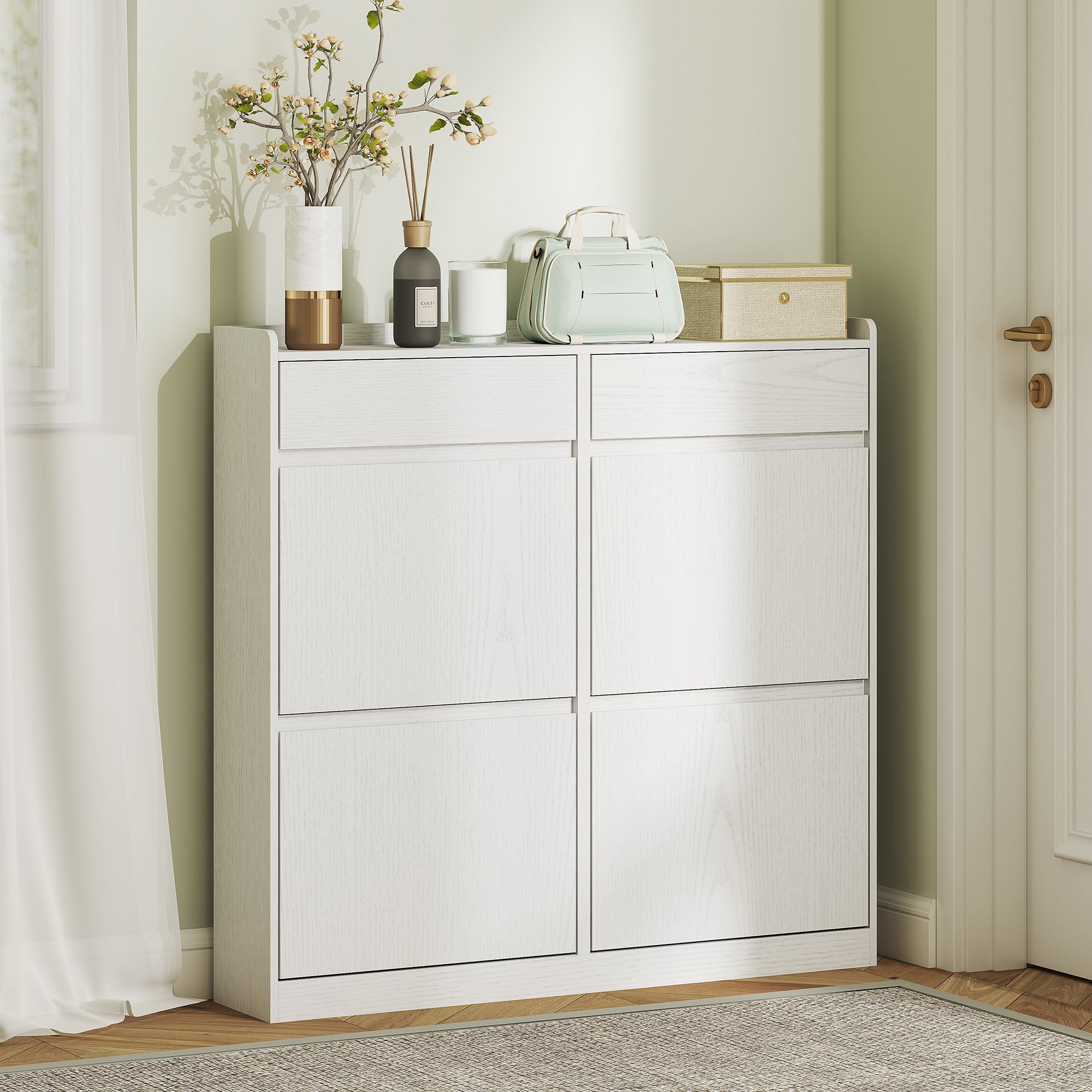 Slim Wooden Shoe Rack with 4 Flap Drawers and 2 Sliding Drawers, 98x19.2x95.3 cm, White