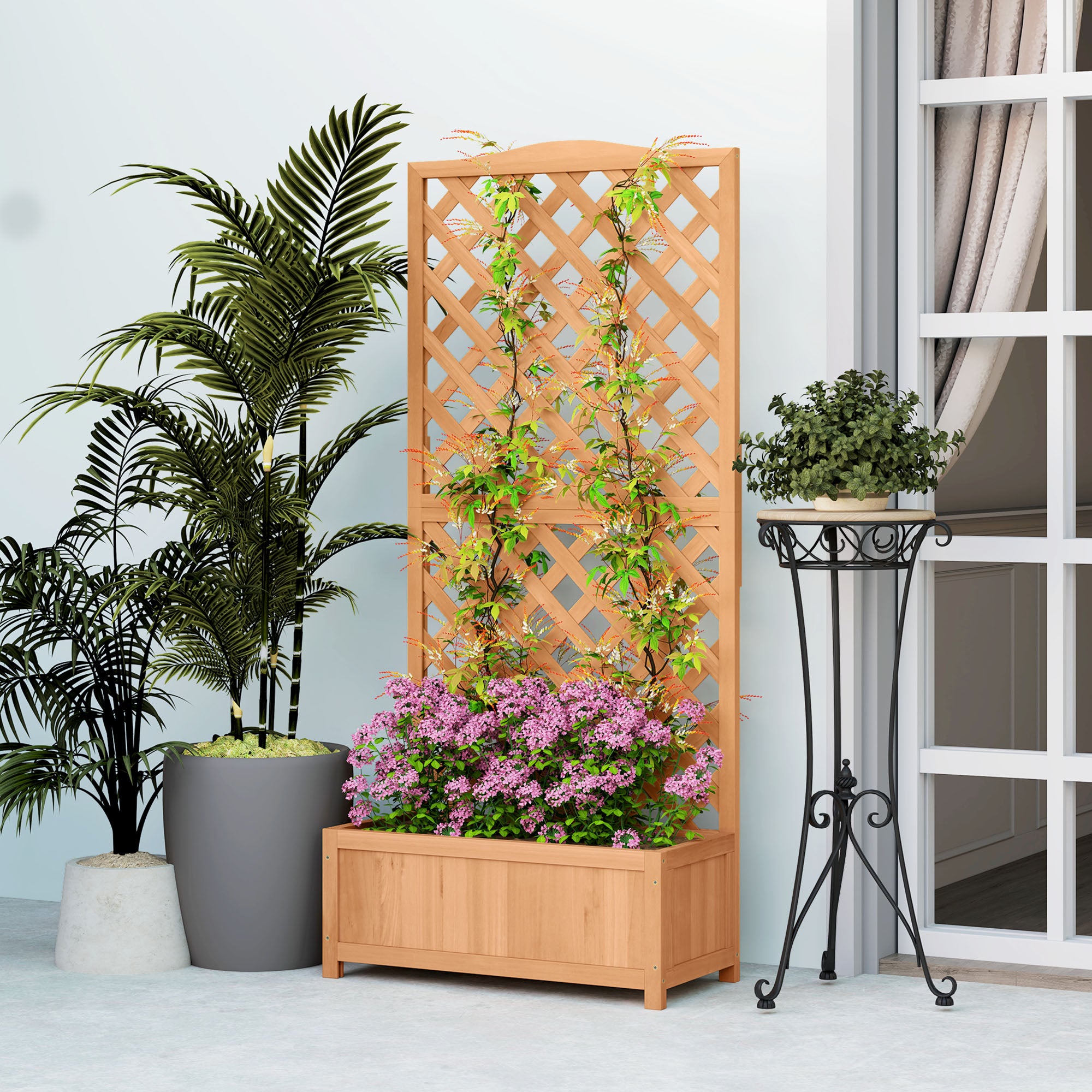 Planter with Trellis for Climbing and Wide Bottom, in Fir Wood, 76x36x170 cm, Brown