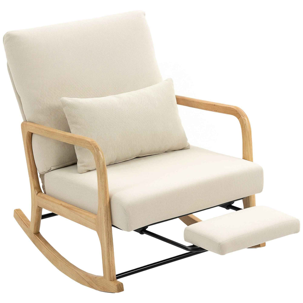 HOMCOM Corduroy Rocking Chair with Footrest, Reclining Backrest, Scandinavian Style, Cream