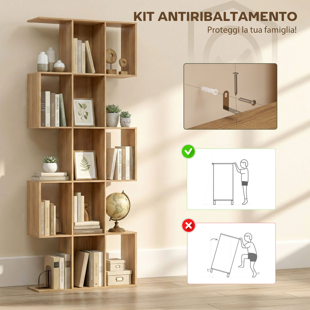 5-Tier S-Shaped Bookcase with 15 Shelves, Wooden, 80x24x200 cm, Oak Color