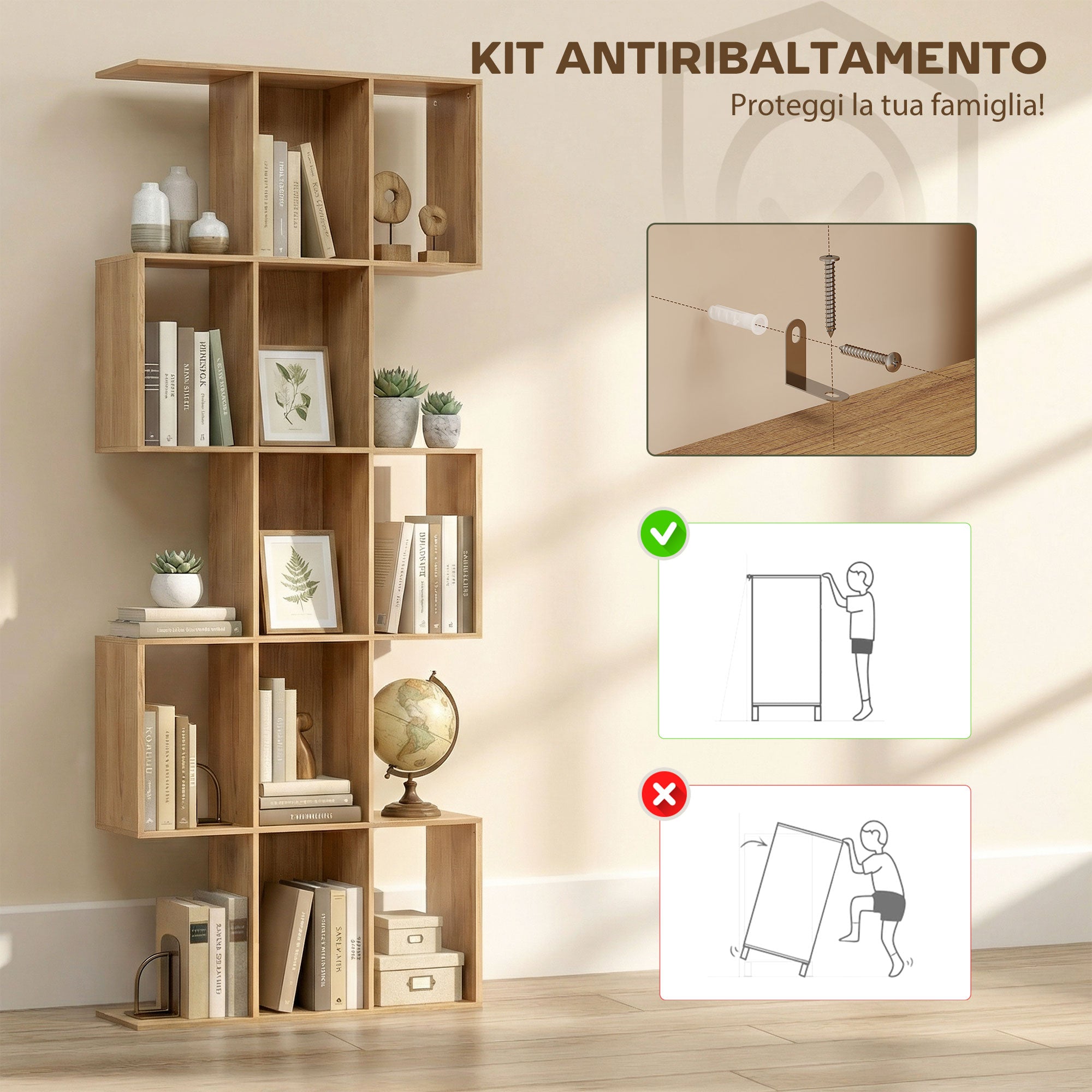 5-Tier S-Shaped Bookcase with 15 Shelves, Wooden, 80x24x200 cm, Oak Color