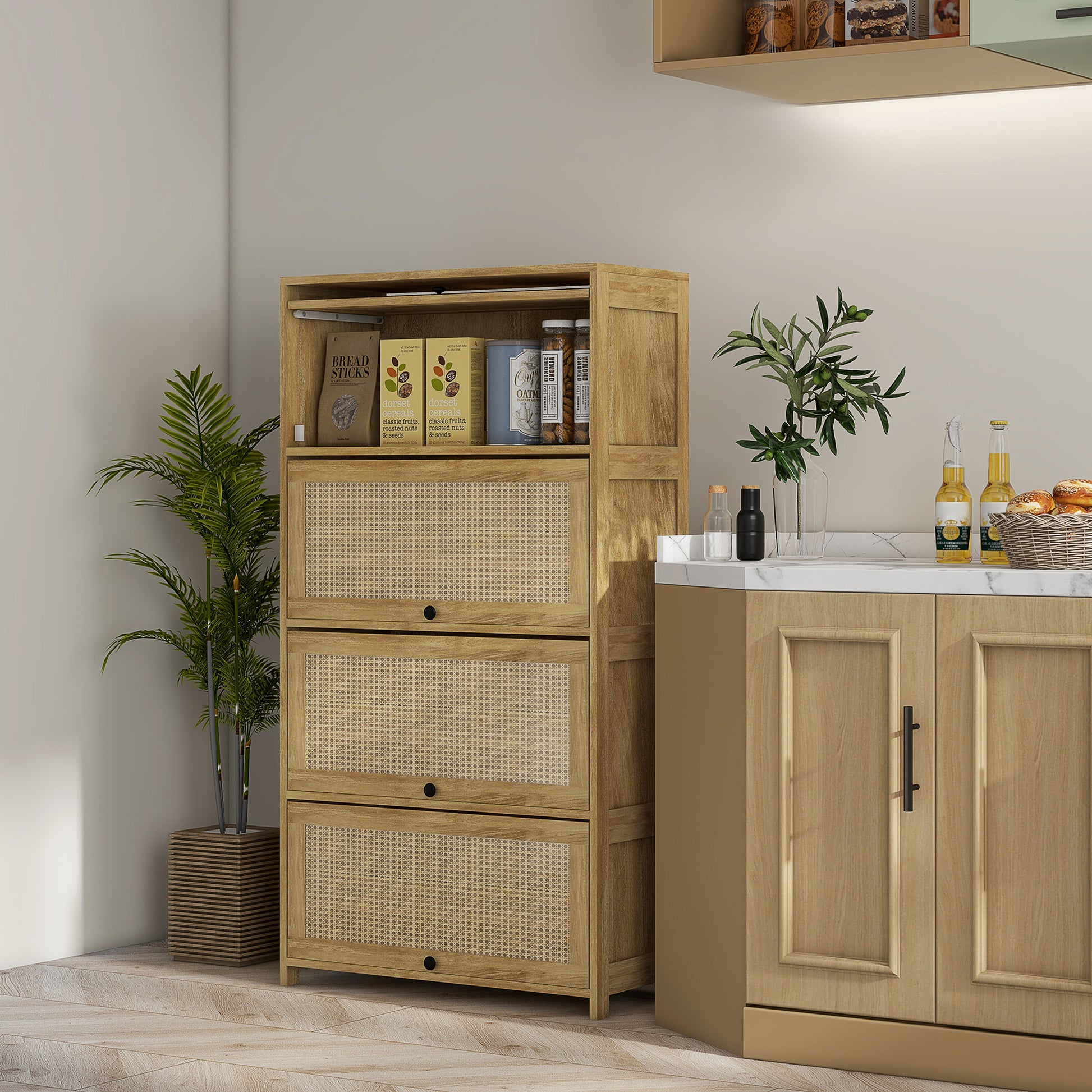 Boho Style Kitchen Cabinet with 4 Drop-Door Doors, Chipboard and Rattan, 70x32x132.8 cm - Borgè