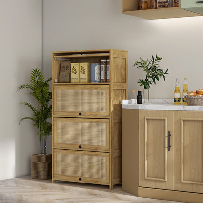 Boho Style Kitchen Cabinet with 4 Drop-Door Doors, Chipboard and Rattan, 70x32x132.8 cm - Borgè