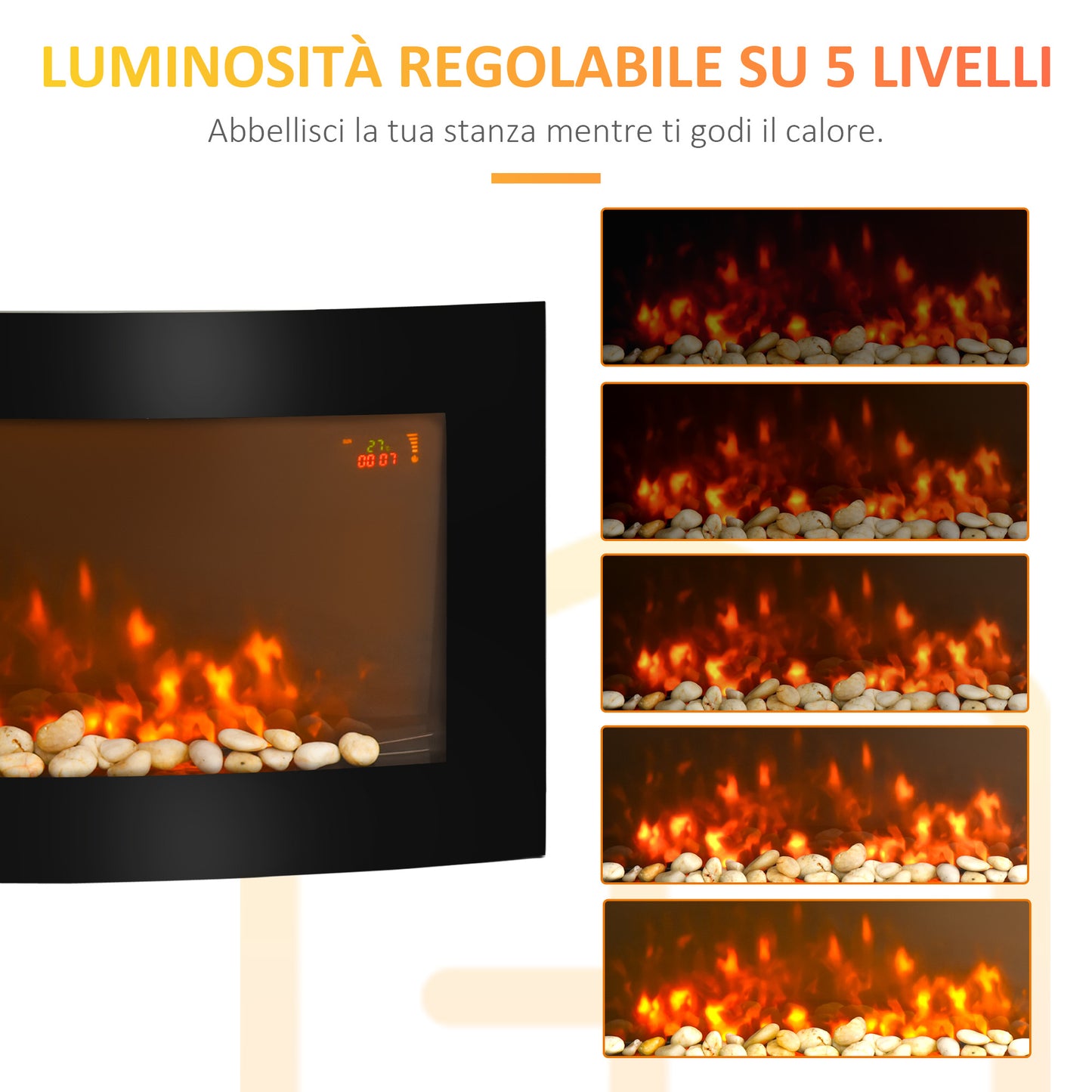 Electric Fireplace Wall and Built-in with 7-Color LED Light, Power 1000/2000W and Temperature 15-30°C, Black