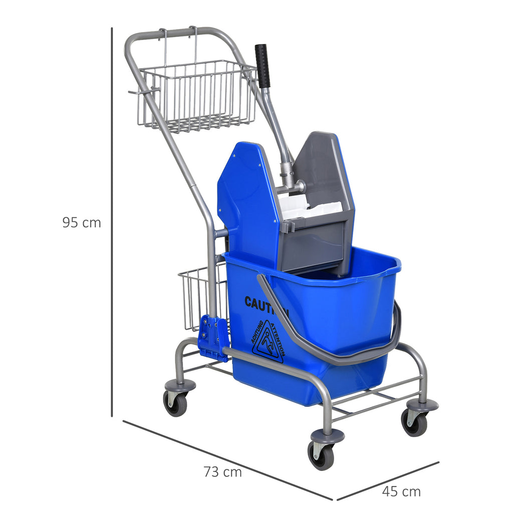 Professional Cleaning Trolley with 26L Bucket for Mop, Wringer and Mesh Baskets, Blue