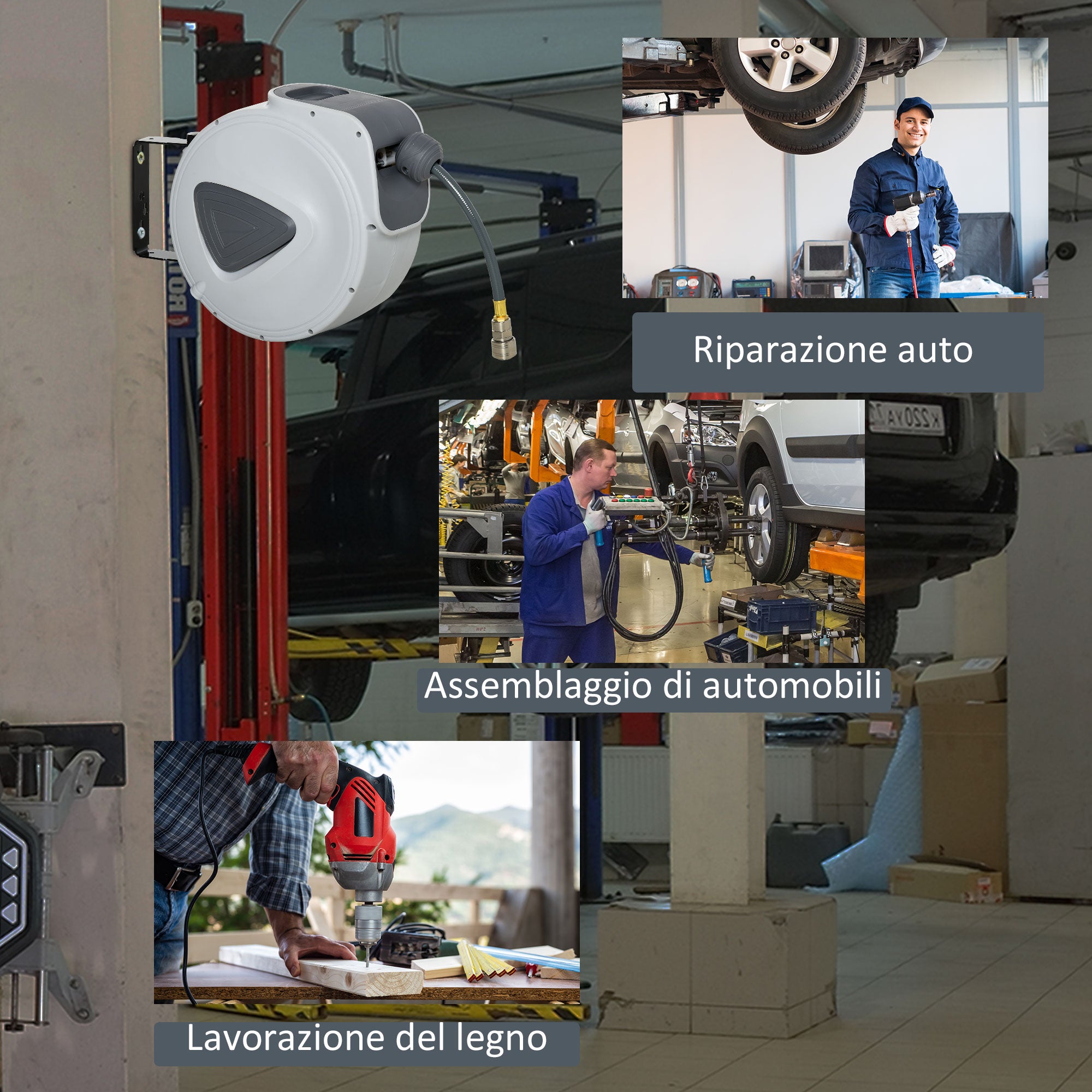 Automatic Hose Reel 10m + 90cm with Φ1/4'' Connection, Wall Mounted and 180° Rotatable, Grey