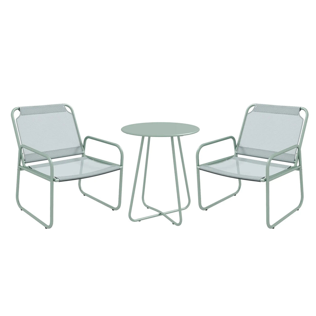 Garden Set with Round Table and 2 Chairs in Steel and Breathable Mesh Fabric, Green