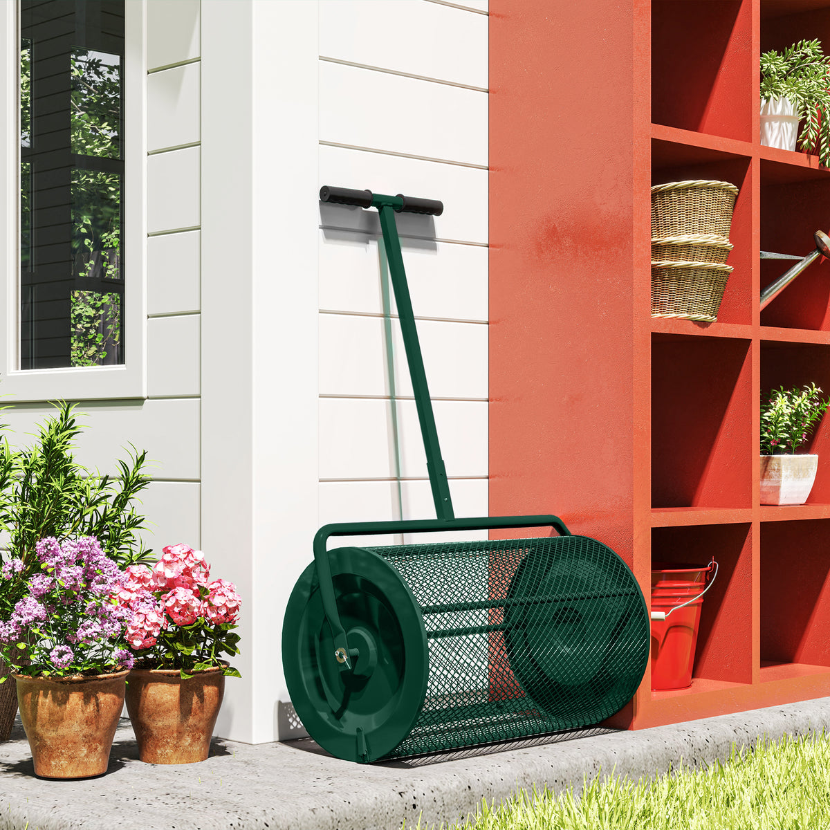 Outsunny 75L Metal Fertilizer Spreader with Adjustable T-Handle and Padded Handle, 70x40x112 cm, Green