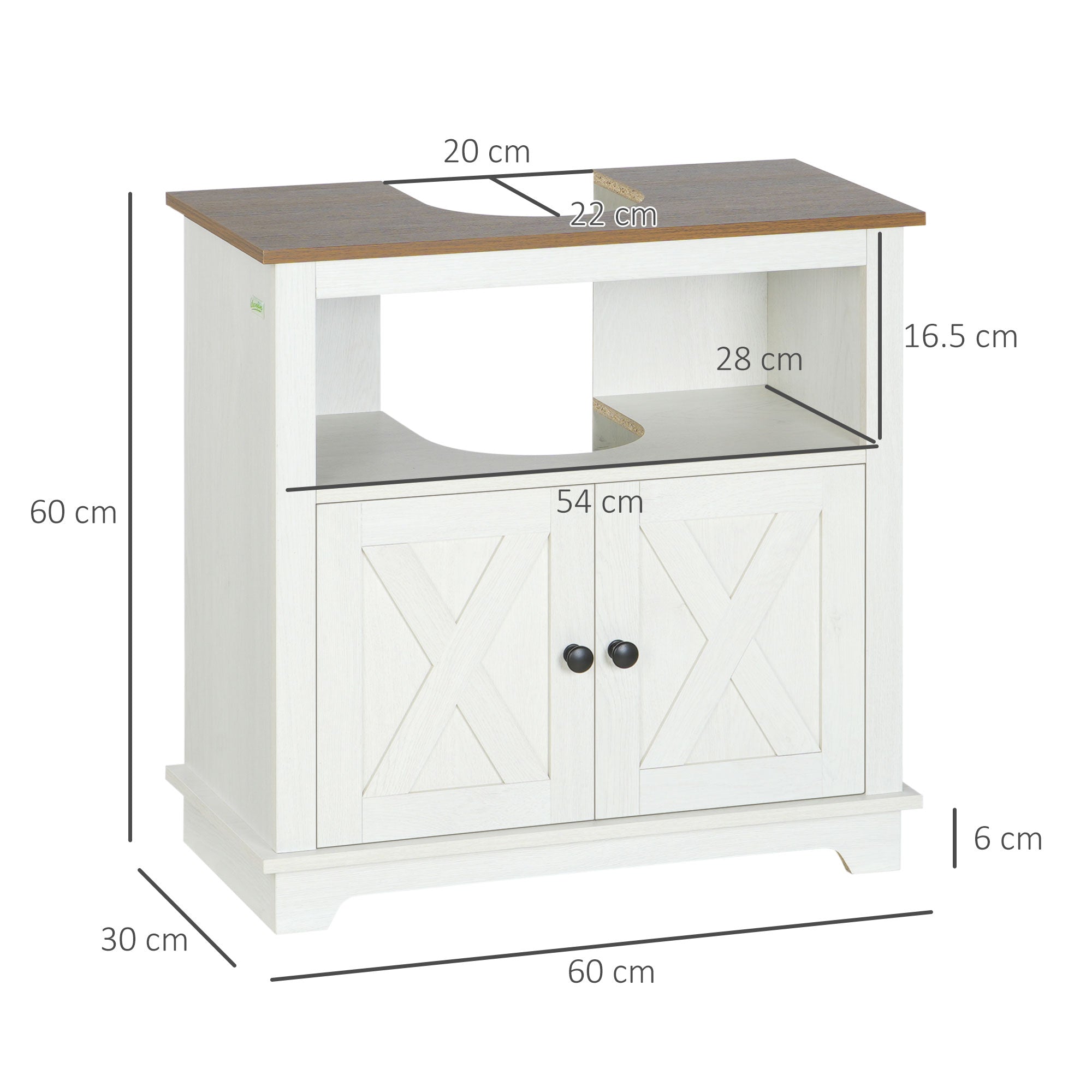 kleankin Bathroom Cabinet Under Sink with 2-Door Cabinet and Open Shelf, Chipboard, 60x30x60 cm - Borgè