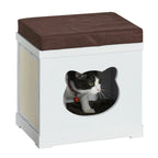 Wooden Cat House with 2 Pillows and Removable Scratching Post, White and Brown, 41x30x36cm - Borge' Group Limited